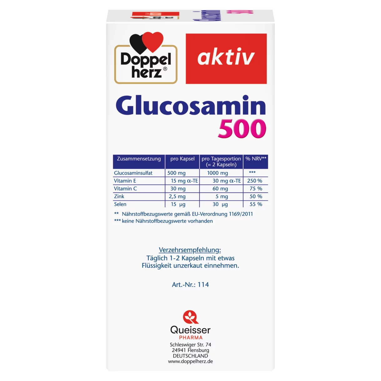 Abbildung der Produktverpackung Doppelherz aktiv Glucosamin Kapseln 500 Seitenansicht links
